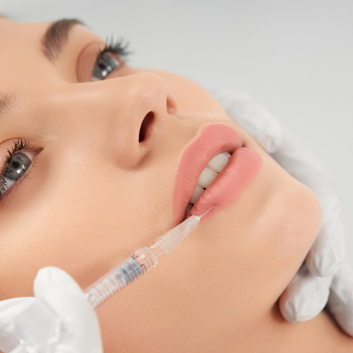 Relleno de labios Aparece el rostro de una mujer al que un enfermero le inyecta una sustancia para rellenar sus labios